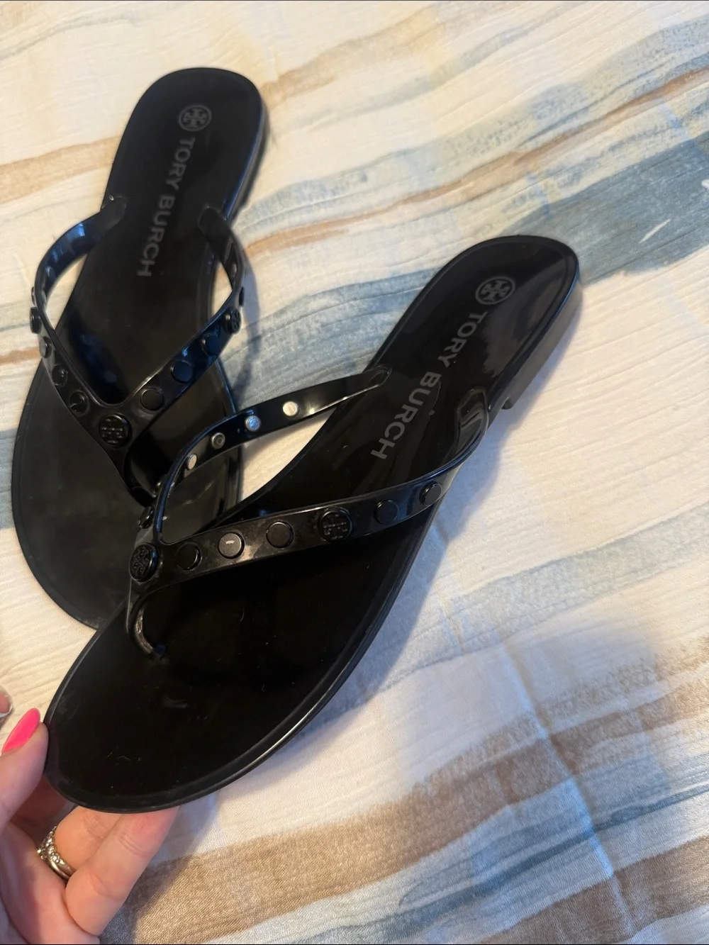 Tory Burch Black Patent Logo Jelly Thong Sandals